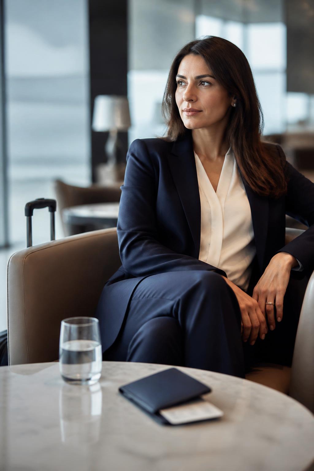 Kvindelig executive rejsende i en premium lounge