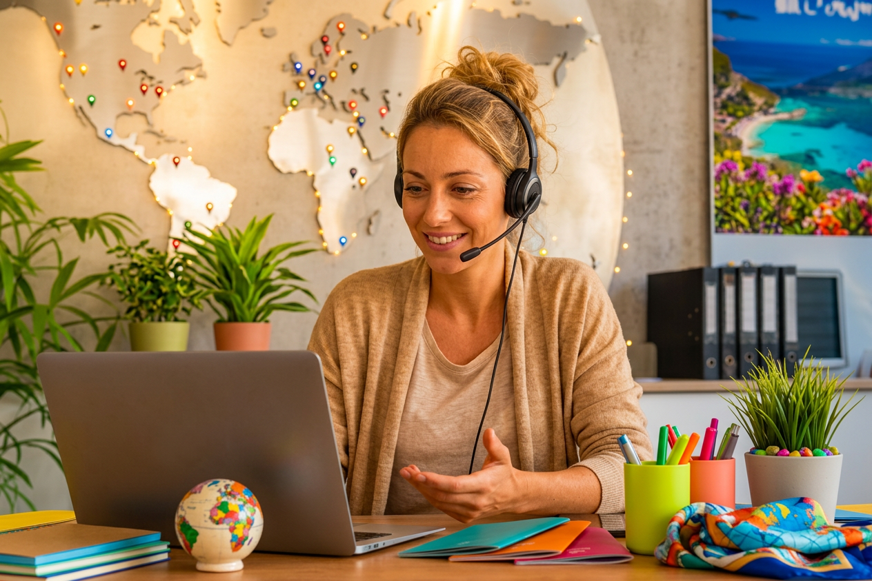 Rejsekonsulent med headset hjælper en kunde